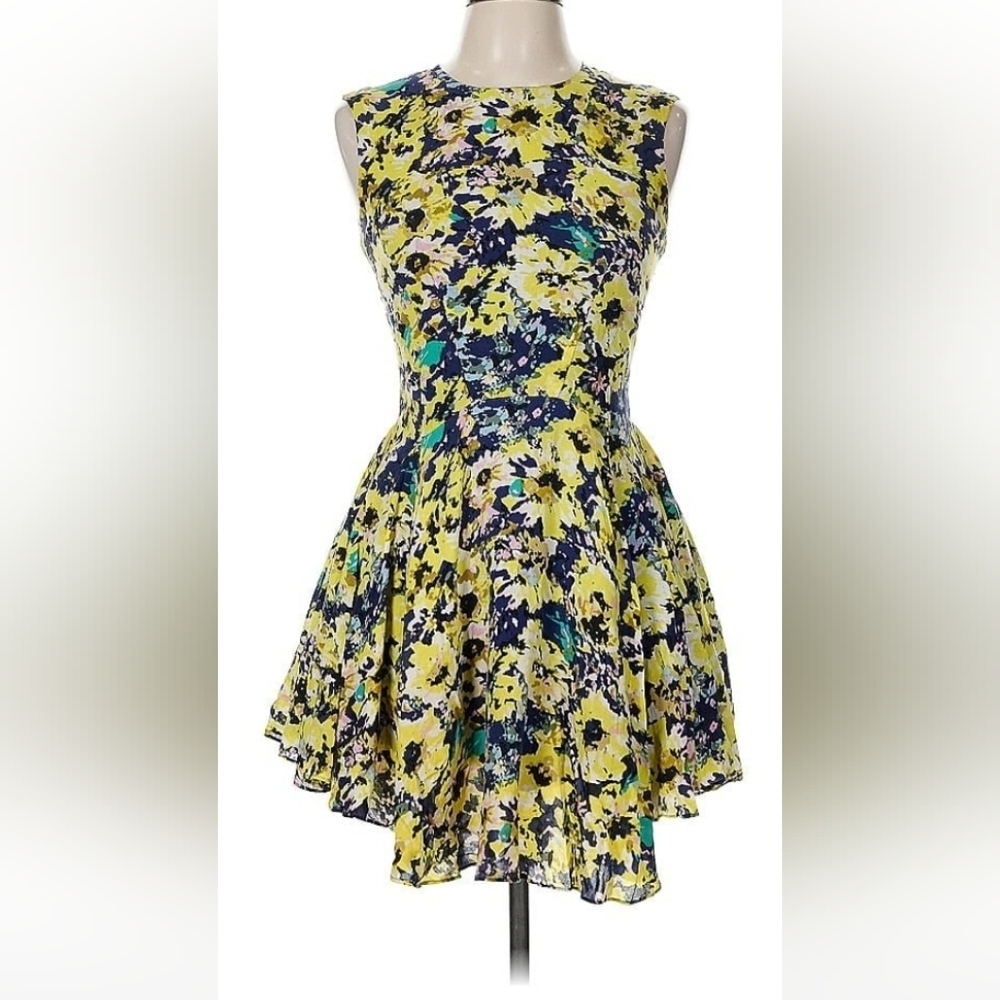 H&M Yellow Floral Skater Asymmetrical Peplum Dress Zip Back Mini